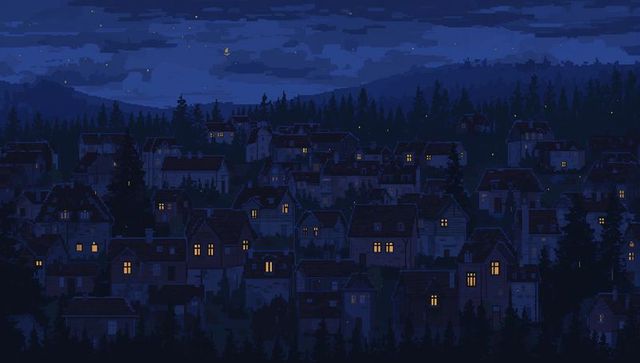 Moonlit hilltown pixel nightscape with warm window lights and crescent moon