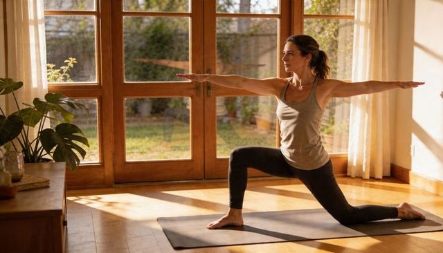 Sunlit home yoga practice with woman practicing low lunge and arms extended by glass doors