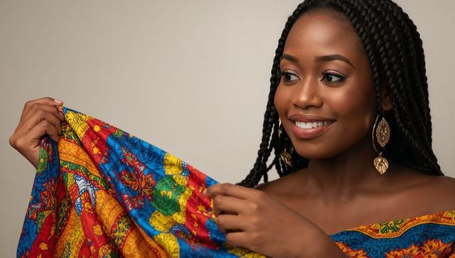 Smiling woman with braided hair showcasing vibrant patterned textile and gold dangle earrings