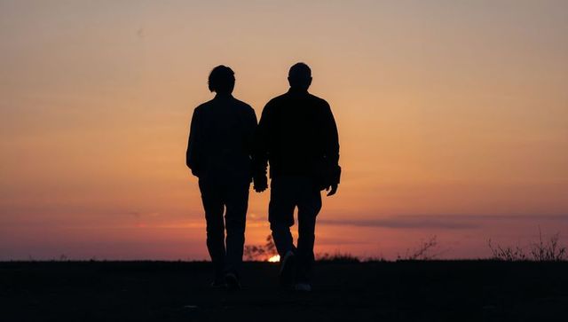 Silhouette couple walking hand in hand toward colorful sunset on open field at golden dusk