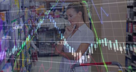 Business Data Overlaid on Shopping Woman for Digital Interface Concept