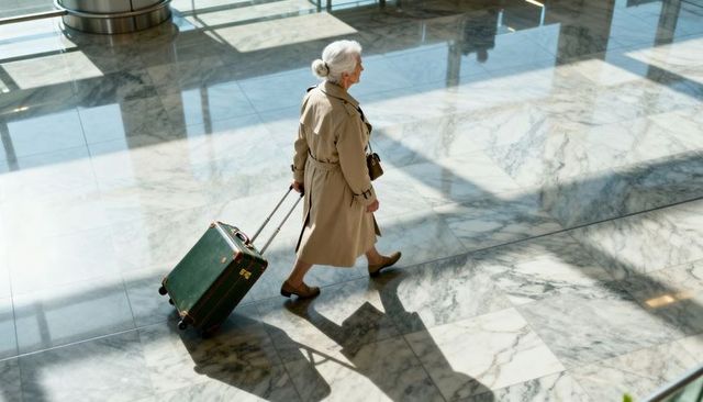 Elderly woman strolling through sunlit airport terminal pulling retro green suitcase