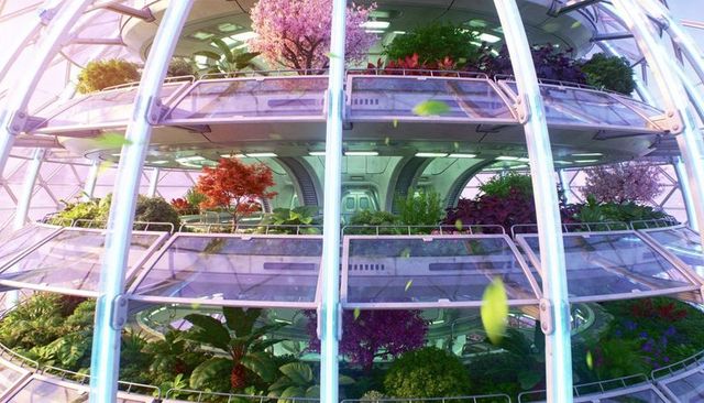 Futuristic vertical greenhouse dome featuring multi-level plant decks and glass balconies