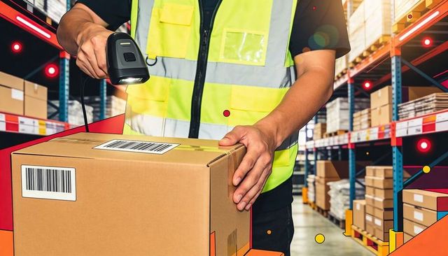 Warehouse worker scanning barcode on parcel wearing hi-vis vest for efficient fulfillment