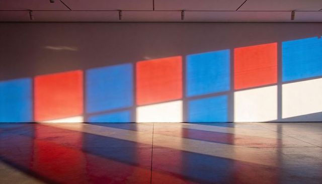Sunlit red and blue geometric light blocks casting reflections on polished concrete wall
