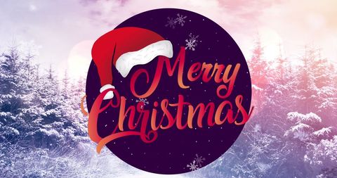 Merry christmas text with winter background and santa hat