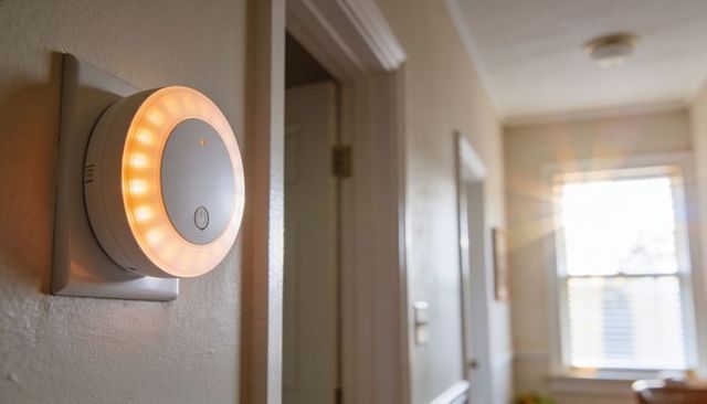 Glowing led night light plugged into wall outlet casting warm amber halo through hallway