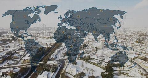 Global Connectivity: Digital World Map Overlay on Suburban Landscape
