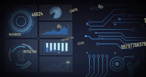 Futuristic data dashboard animating with glowing charts, pulsing traces and circuitry