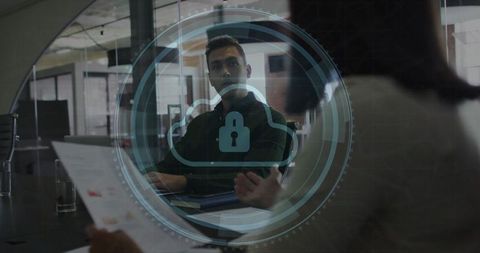 Business meeting with digital security cloud overlay