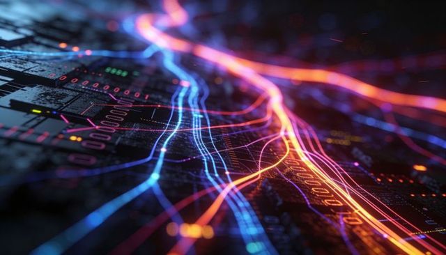 Flowing neon data streams over circuit board with integrated chips and glowing traces