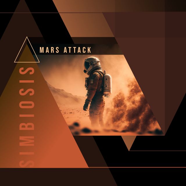 This image features an astronaut navigating a sandstorm on Mars, framed by geometric shapes and bold titles 'Mars Attack' and 'Symbiosis'. Ideal for science fiction themes, space exploration concepts, futuristic designs, and promotional materials for films or events related to Mars and outer space. The dramatic ambiance highlights Martian landscape challenges and human perseverance against harsh extraterrestrial conditions.