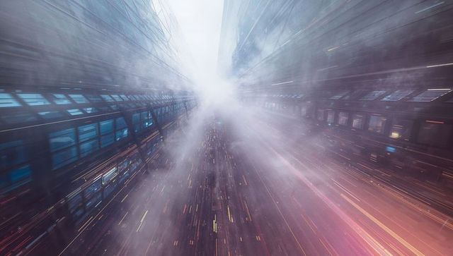 Futuristic urban racing through misty metropolis