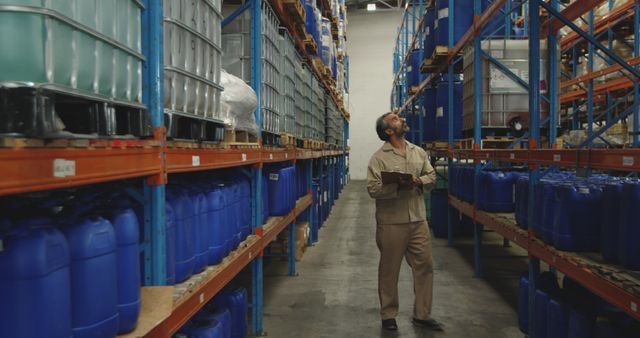 Warehouse worker inspecting storage shelves filled with large containers - Download Free Stock Images Pikwizard.com