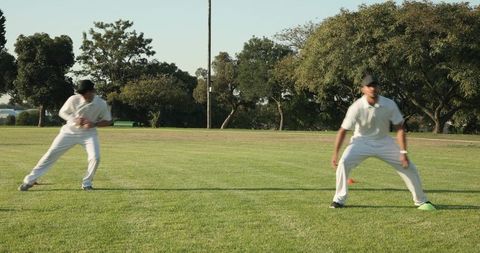 Diverse Cricket Fielders Practicing Close Fielding Drill on Sunlit Grass Outfield Session