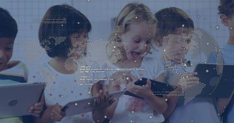 Elementary students using tablets with digital world map overlay for interactive edtech learning