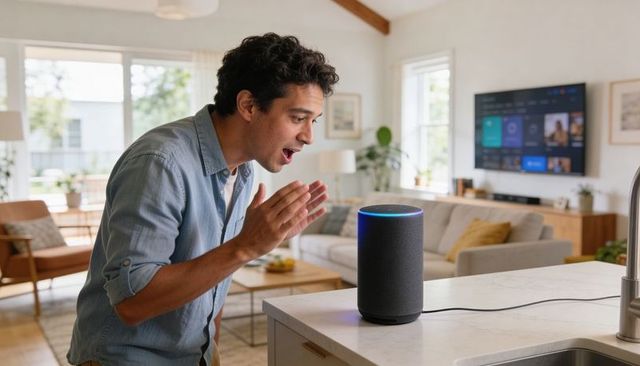 Man talking to smart speaker on kitchen island, voice assistant home automation interaction