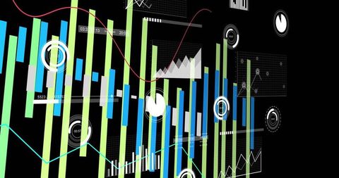 Futuristic multilayer analytics dashboard showing colorful bar and line charts with gauges