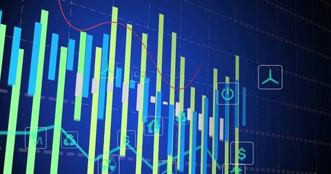 Displaying neon energy and finance data visualization with vertical bar chart and eco icons