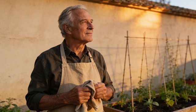 Senior gardener standing at raised bed holding cloth, gazing into golden hour sunlight