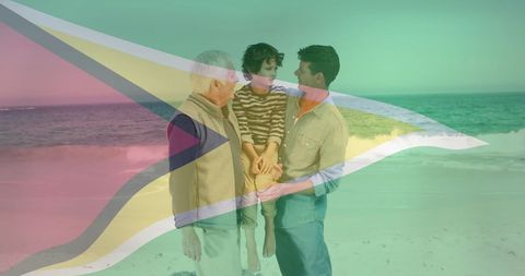 Multigenerational family bonding on beach with guyana flag overlay