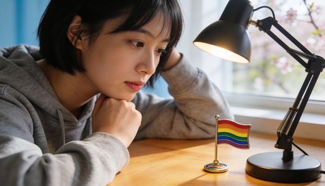 Young asian woman leaning on hand contemplating rainbow pride flag at cozy desk lamp