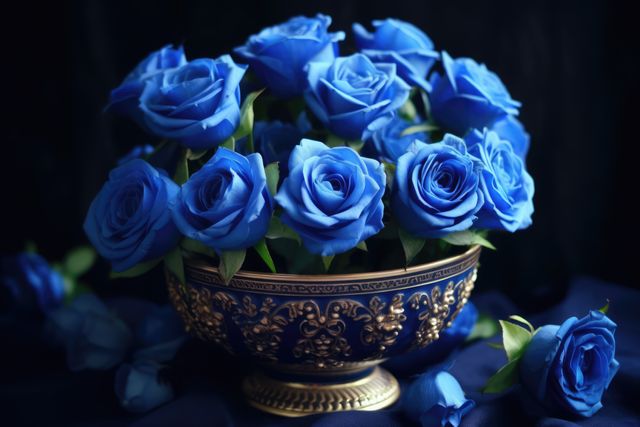 A bouquet of vibrant blue roses sits in an ornate golden bowl. Blue roses symbolize mystery and the pursuit of the impossible, making a unique statement in floral decor.