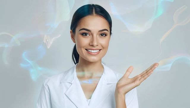 Smiling female doctor presenting pastel ribbon light effects while wearing white lab coat