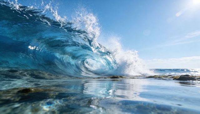Sunlit turquoise wave curling into glassy barrel over rocky shallow reef, dramatic breaker