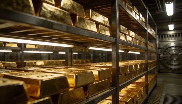 Glinting gold bullion gleaming on industrial racks inside high-security vault strongroom