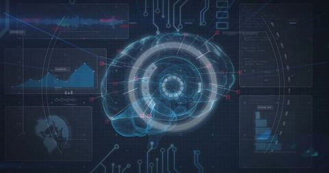Holographic Neural Brain with Concentric HUD, Radial Lines and Analytics Dashboard