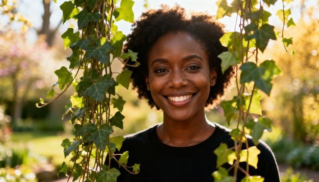 Sunlit garden portrait of smiling woman framed by hanging ivy vines with warm backlight