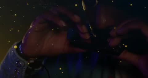 Late-night harmonica performance featuring musician playing harmonica with cigarette and neon bokeh