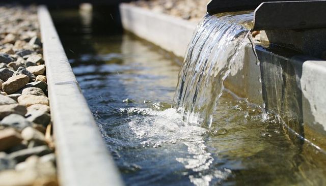 Garden fountain spout pouring clear water into concrete channel with pebbles and sun glare