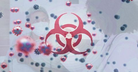 Masked clinicians wearing white coats featuring red biohazard symbol and virus overlay