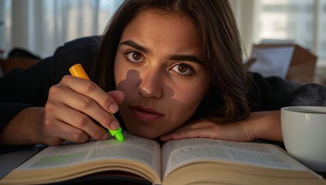 Female student resting on arms highlighting open book with neon green highlighter