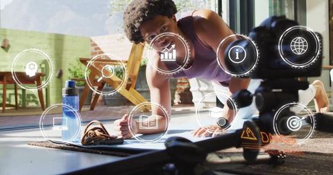 Man Exercising Outdoors with Digital Wellness Icons Overlay