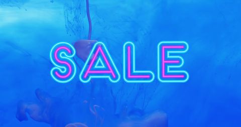Neon Sale Text with Abstract Blue Liquid Background