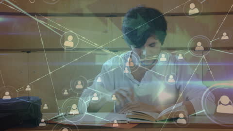 Male Student Studying with Network Technology Concept Overlay