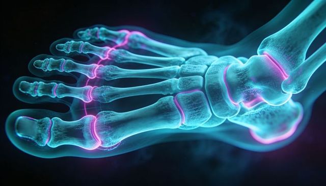 Displaying 3D Foot Skeleton with Neon Joint Highlights for Medical Education and Design