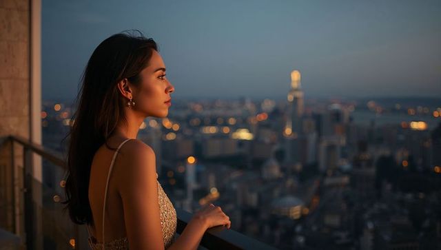 Woman gazing over city skyline at dusk leaning on balcony in sequin dress