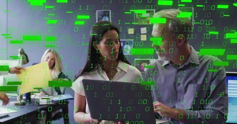 Business team collaborating on cybersecurity and data analytics with binary code overlay on laptop