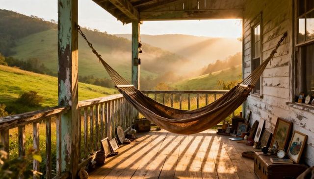 Hammock bathing in golden light on weathered farmhouse porch overlooking rolling hills