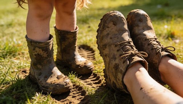 Muddy boots and tiny wellies making footprint trail in sunlit grass for outdoor play
