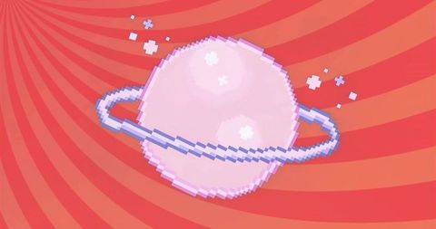 Pixel art planet with rings and stars on vibrant background