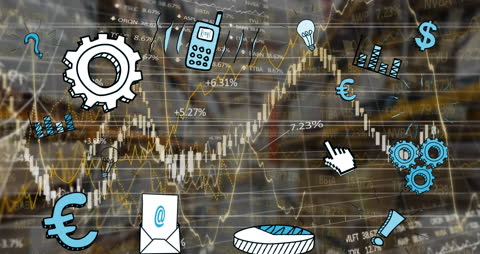 Global Business and Technology Icons on Financial Data Background