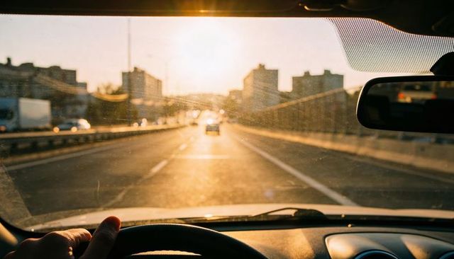 Driver viewpoint on urban highway at golden hour with sun glare and windshield smudge