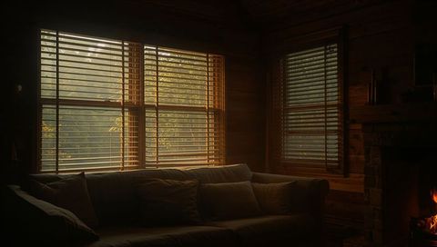 Sunlit Rustic Cabin Living Room with Plush Sofa, Wooden Blinds and Warm Glowing Fireplace