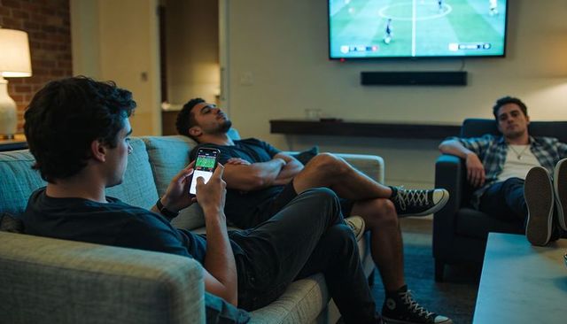 Young men lounging on sofa, scrolling smartphone while watching soccer match on tv