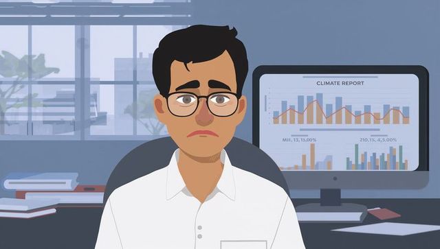 Concerned analyst reviewing climate report on monitor, studying charts and data in office